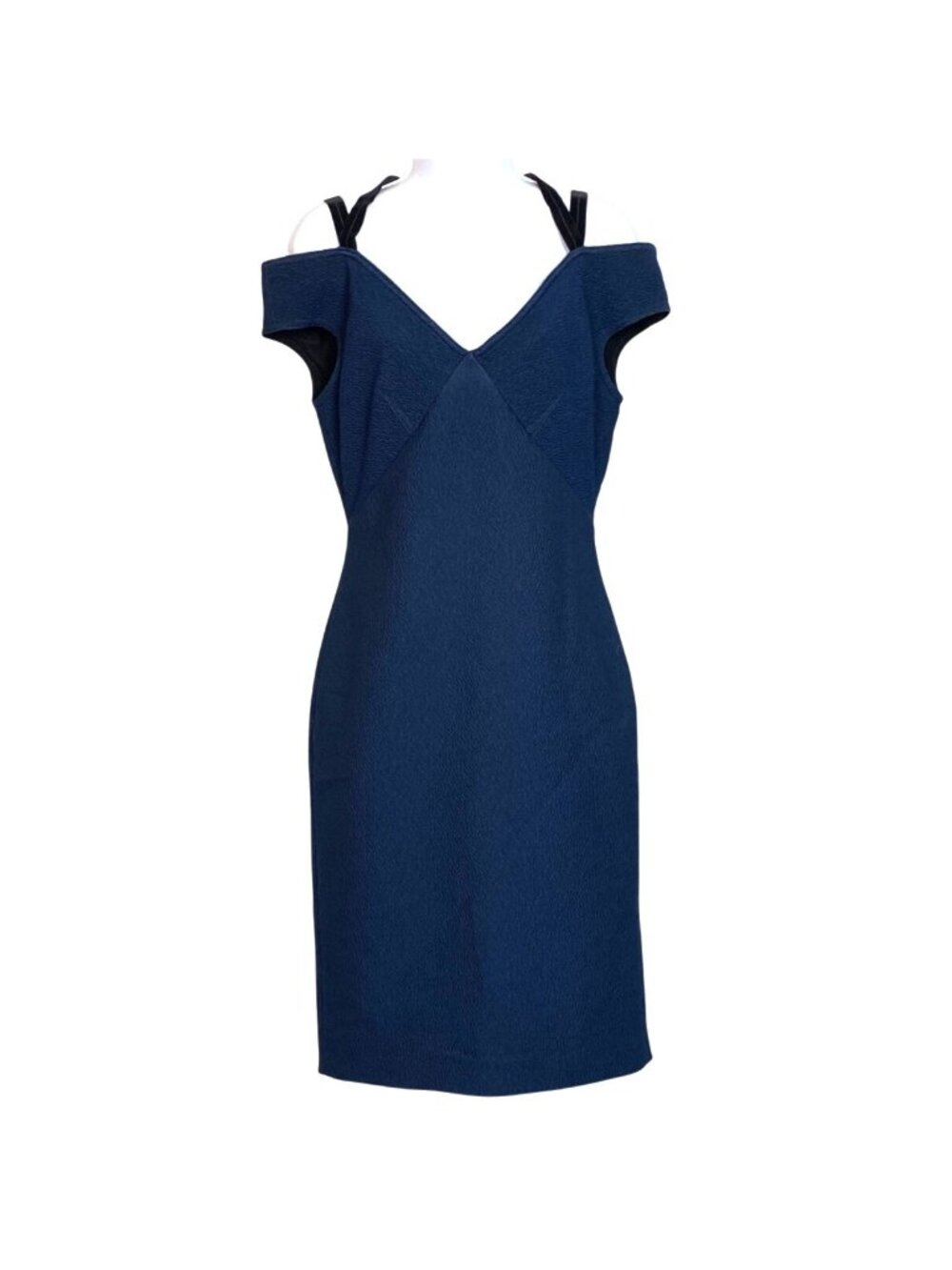 Yigal Azrouël Navy Off the Shoulder Knee-Length Dress Size 12 Silk Blend Velvet